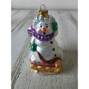 OWC‎ old world snowman sled glass ornament Xmas tree scarf glitter gold